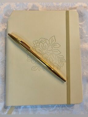 Journal Notebook Floral Embossed Soft Cover with Gold Pen in Light Yellow NWT